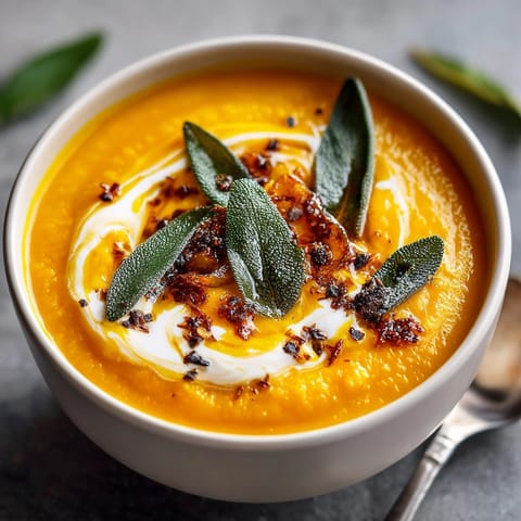 Creamy brown butter sage butternut squash soup served with a swirl of browned butter drizzle.