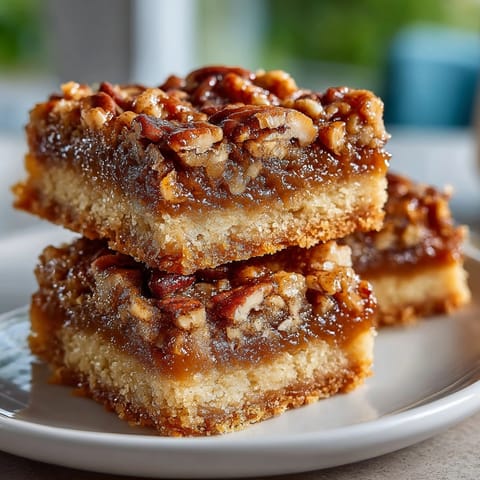 Close-up of sliced Bourbon Pecan Pie Bars with rich shortbread crust and glossy caramelized topping