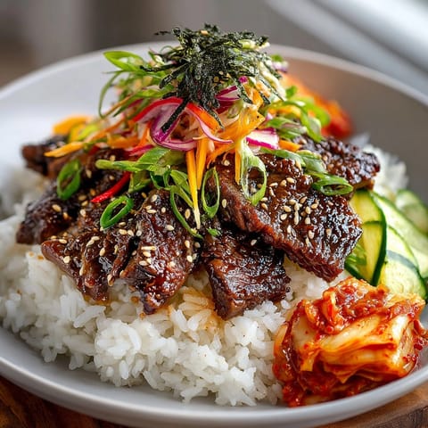 Juicy Korean BBQ Beef Bowl with Pickled Vegetables, garnished with sesame seeds and green onions.