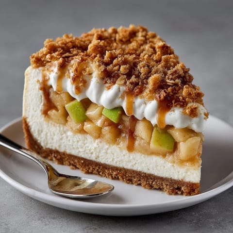 A creamy slice of Chai-Spiced Apple Crisp Cheesecake with spiced apples and crunchy oat topping.