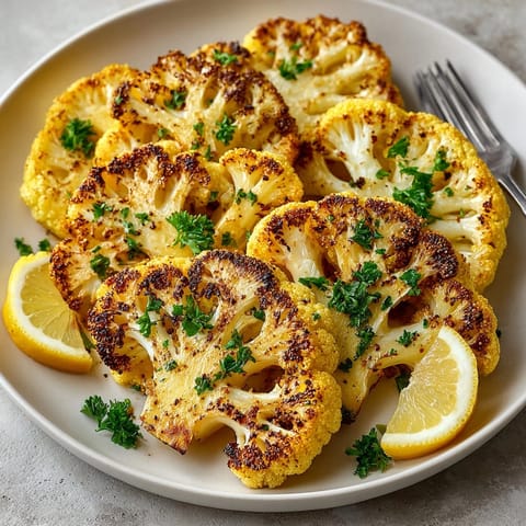 Close-up of golden turmeric cauliflower steaks on a baking sheet, edges caramelized, ready to serve.