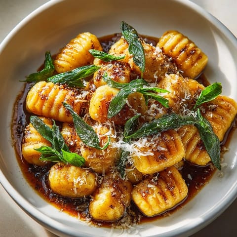 Homemade sweet potato gnocchi in brown butter sauce, garnished with fresh Parmesan cheese.