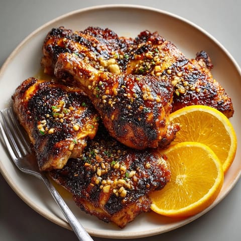 Charred Citrus BBQ Chicken served sizzling hot, glistening with zesty citrus garlic glaze.