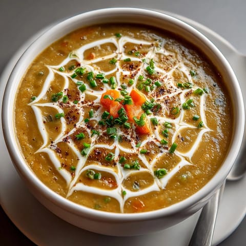 Creamy Spiderweb Split Pea Soup, swirled with sour cream, ready in under 90 minutes.