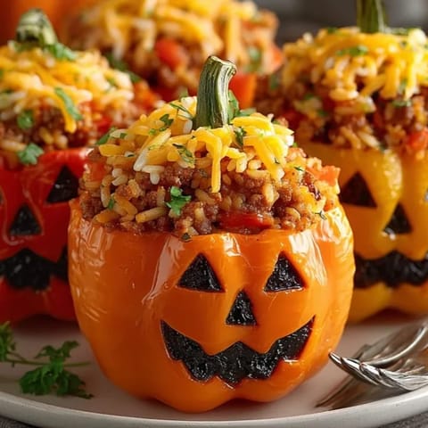 Golden, cheesy Jack-o'-Lantern Stuffed Bell Peppers; a savory, meaty, fall dinner idea.