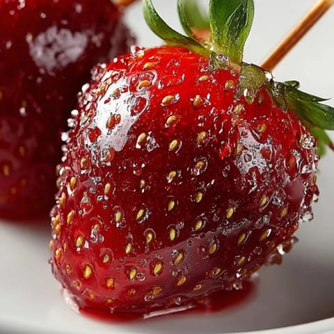 Spoonfuls of crystallized sugar coat ruby-red strawberries for a delightful candied strawberry tanghulu treat.