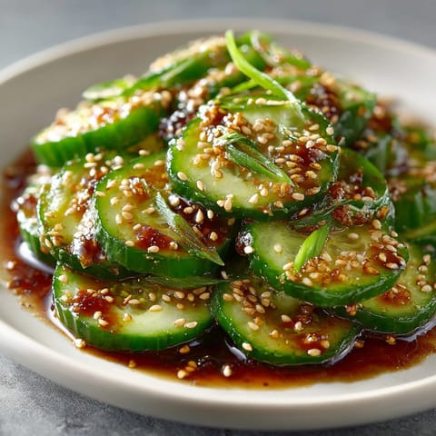 Simple Soy Garlic Cucumber Salad showcases thinly sliced cucumbers in a tangy Asian-inspired dressing.