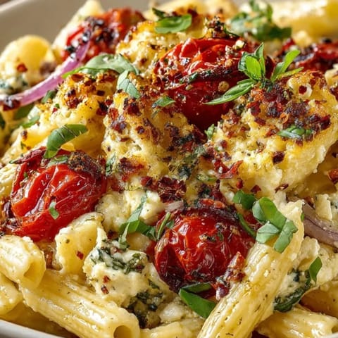 Oven-baked feta pasta with sweet, blistered tomatoes, topped with vibrant basil, ready for a quick dinner.