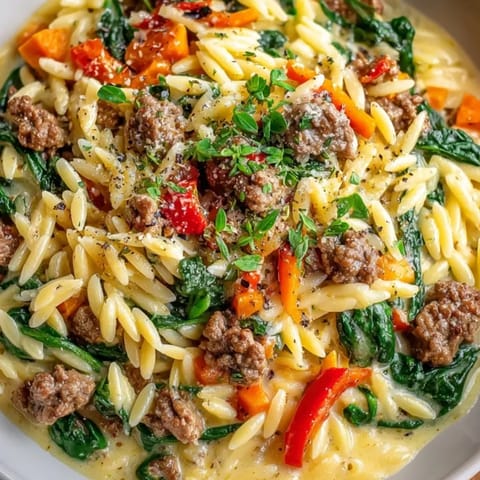 Finished dish of One-Pot Creamy Beef Orzo, garnished with parmesan, ready to serve.