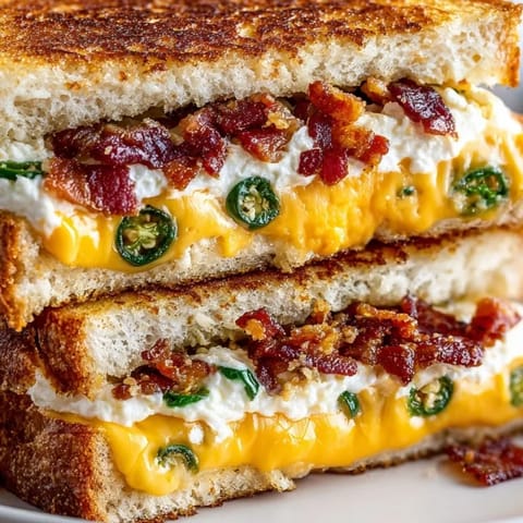 Stacked Jalape&ntilde;o Popper Grilled Cheese oozing with cheeses, roasted peppers, ready to serve.