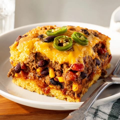 A warm slice of Chili Cheese Cornbread Bake reveals its layers of spicy chili and cheese.