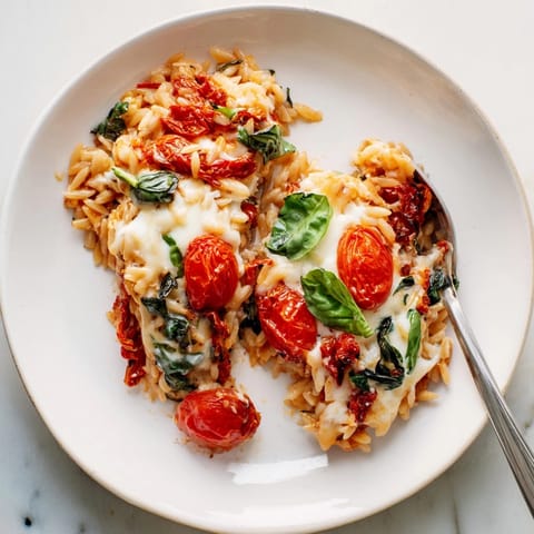 A steaming slice of Sun-Dried Tomato Orzo Bake with melted mozzarella and fresh basil.