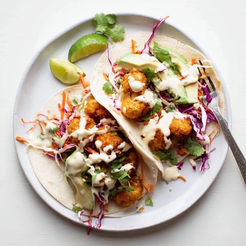 Close-up showcases crispy battered cauliflower filling soft tortillas: Tempura Cauliflower Taco Bites.
