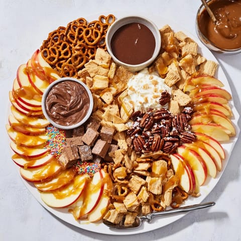 A Caramel Apple Charcuterie Board with salty pretzels, great for fall entertaining.