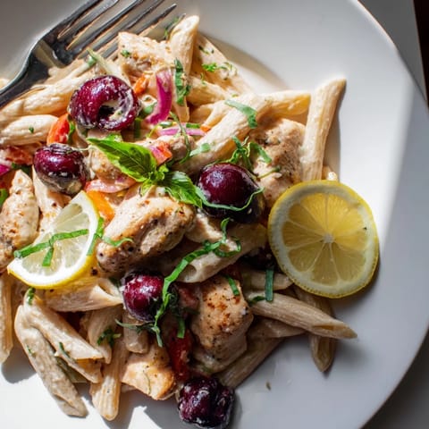 Delicious fusion of Cherry Jalapeño Chicken Pasta with juicy cherries and spicy jalapeños.  