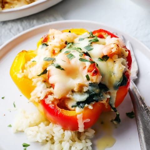 Delicious bell peppers filled with creamy shrimp Alfredo, ideal for a satisfying meal.  