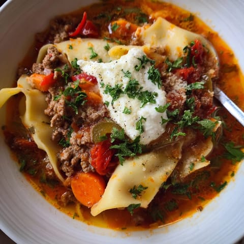 Hearty Lasagne Soup bursting with flavors, topped with rich cheese and jalapeño mix.  