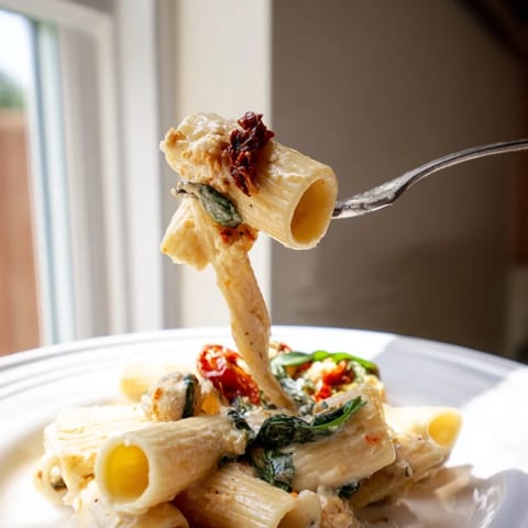Delicious Baked Feta Pasta, featuring roasted cherry tomatoes and fresh basil for flavor.  