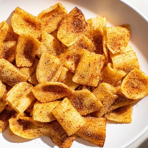 Baked pasta chips in a medley of spices, ideal for snack time delights.  