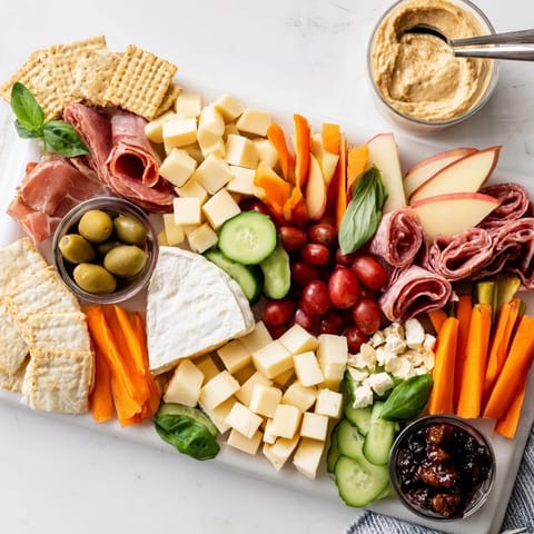 Elegant Girl Dinner Platter featuring vibrant veggies, fruits, and decadent cheeses for a light meal.  
