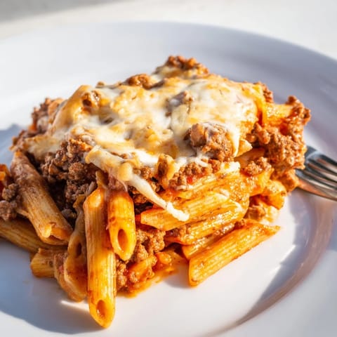 Golden, bubbling Cheesy Beef & Penne Bake served hot, overflowing with rich flavors.  