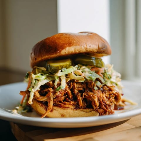 Smoky BBQ Jackfruit Pulled Pork Sandwiches served hot with tangy pickles and slaw.  