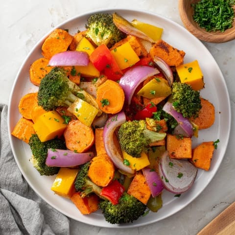 Tender, golden-brown Friendsgiving Rainbow Roasted Vegetable Medley, a colorful side bursting with roasted flavors.