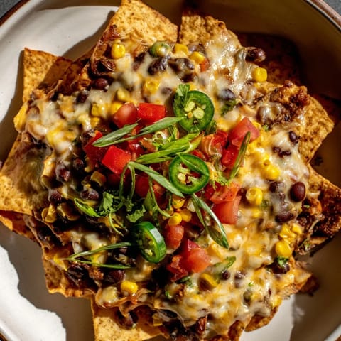 Golden cheesy sheet-pan nachos with spicy beans and fresh toppings, ready to enjoy Tex-Mex flavors.