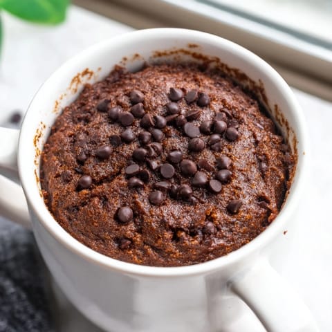 A steaming mug of rich, dark chocolate Microwaved Mug Cake, a quick and satisfying dessert treat.