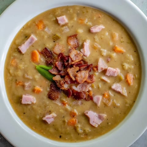 Hearty Split Pea Soup with bacon and ham: imagine the smoky aroma and rich, savory flavors.