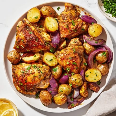 Tender, zaatar-infused chicken thighs nestled among vibrant roasted potatoes in this delicious sheet pan recipe.