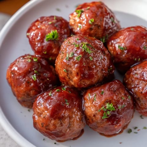 Warm and flavorful cherry BBQ meatballs, slow-cooked to perfection, ready to be served hot.