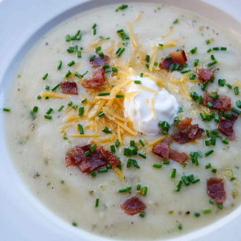A close-up of The Ultimate Baked Potato Soup: a hearty, vegetarian soup with a cheesy, smoky flavor.