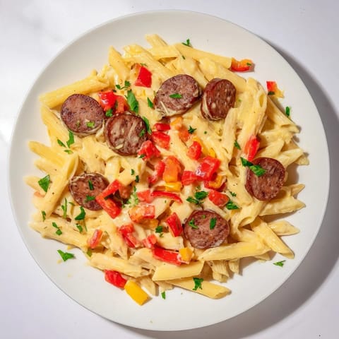 Delicious Smoked Sausage Cajun Alfredo, ready in minutes, with penne pasta coated in a rich sauce.