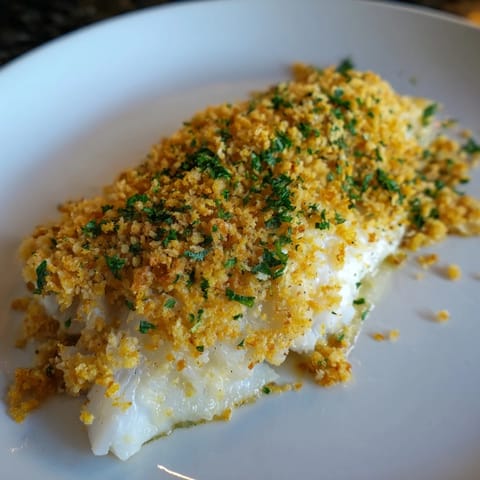 Golden-crusted Baked Cod with Crispy Ritz Cracker Topping, ready to serve with lemon wedges.