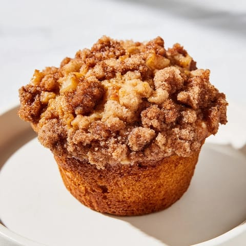 Warm, golden-brown tasty apple muffins with a delicious, crunchy crumb topping, ready to eat.