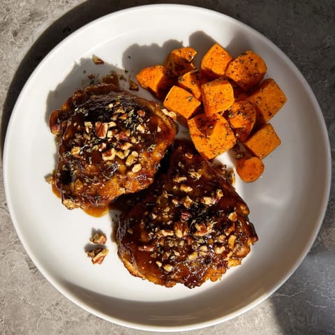 A pan full of roasted maple glazed chicken and sweet potatoes, perfectly caramelized and ready to serve for the family.