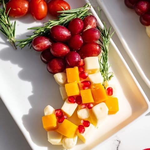 A colorful Christmas Stocking Snack Tray featuring cheese, grapes, and crackers ready to eat.