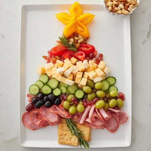 Festive Christmas Tree Snack Board with arrangements of colorful fruits, perfect for easy entertaining.