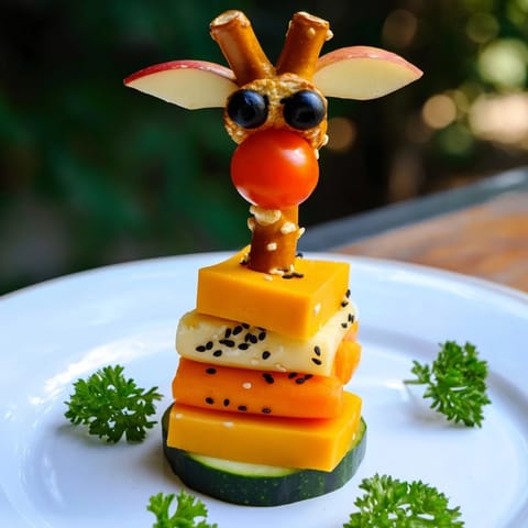 Kids will love this playful photo of "Long-Necked Giraffe Snack Towers" with colorful cheese and veggie bodies.