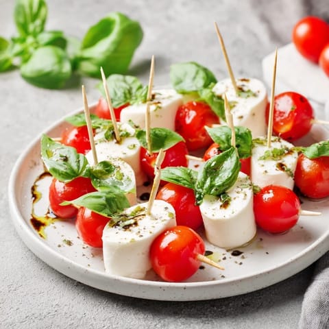Golden olive oil glistens on these vibrant Caprese skewers with melted mozzarella stars.