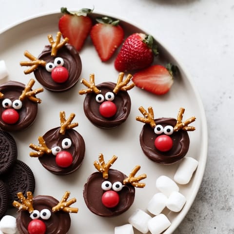 Decorated chocolate reindeer pudding cups with pretzels and candy features, ready to eat alongside treats.