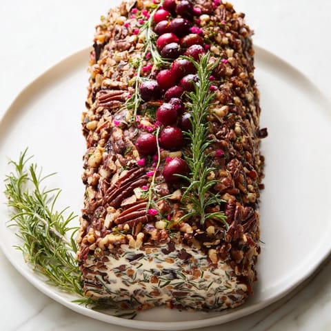 A decadent Yuletide Log cheese centerpiece, festive and ready to serve with crackers and veggies.