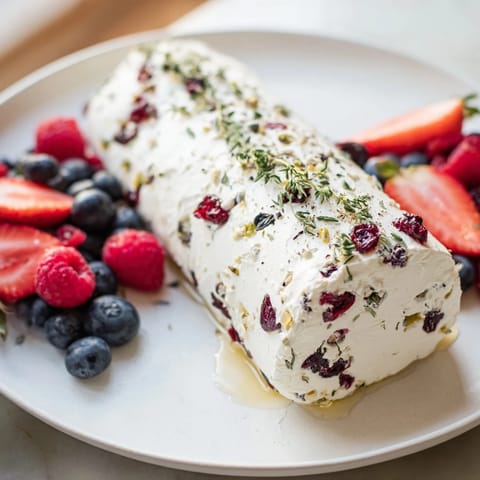 A close-up of cranberry & goat cheese log, showcasing the vibrant red cranberries and fresh berry arrangement.