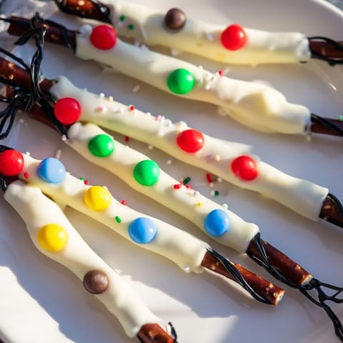 Festive No-Bake Pretzel Sticks Christmas Lights with colorful candy bulbs, ready to eat!