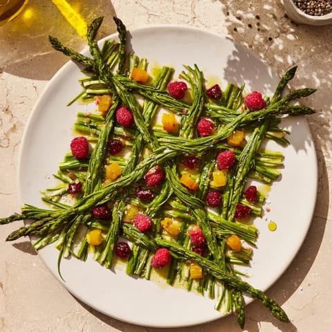 Vibrant "The Botanical Lattice" starter: asparagus woven with chives, filled with colorful springtime fruit.