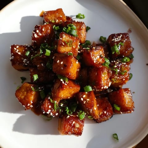 Juicy air fryer chicken bites, flavorful with honey and soy, garnished with green onions, ready to be enjoyed.