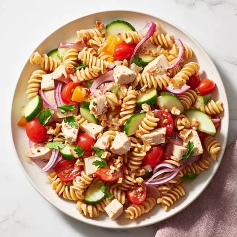 Close-up of a bowl filled with Pasta Salad with Cranberry Vinaigrette, drizzled with tangy dressing and herbs.