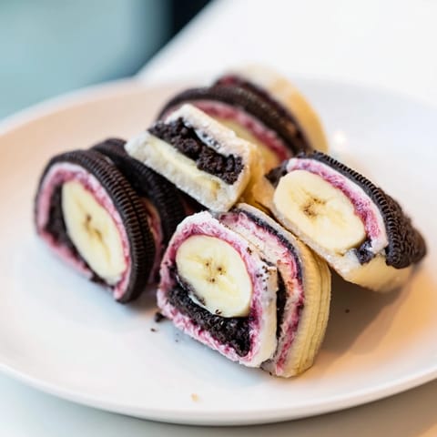 Sweet, playful Oreo Cookie Sushi Rolls with a banana center, a unique dessert experience.
