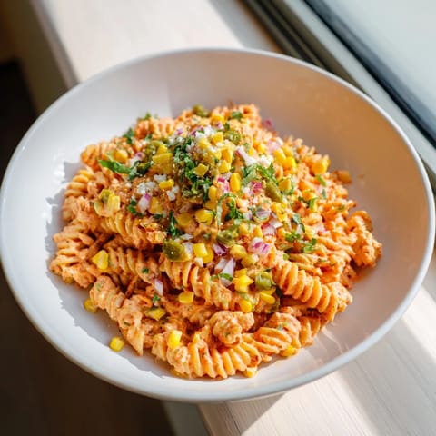 A refreshing bowl of Creamy Street Corn Pasta Salad, perfectly tossed and ready to enjoy.
